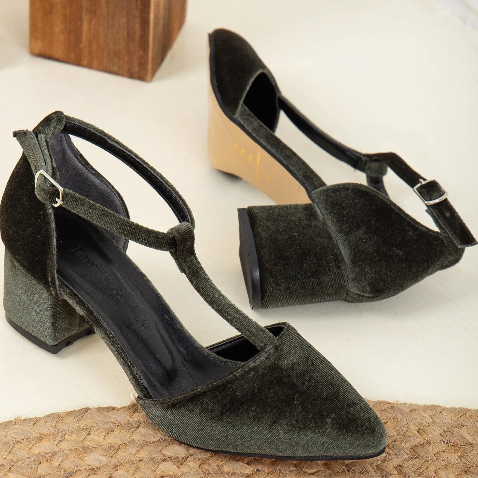 Anicette - Olive Green Velvet Heels