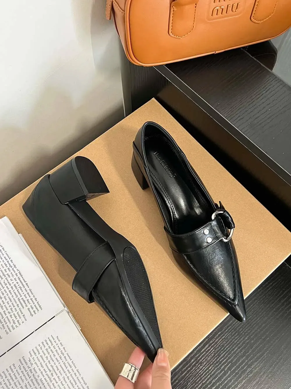 binfenxie  - Black Brown Women Pumps Loafers Pointed Toe Rivet Design Shallow Slip On 2023 Party Pumps Flat Mid Heeled Dress Shoes Woman