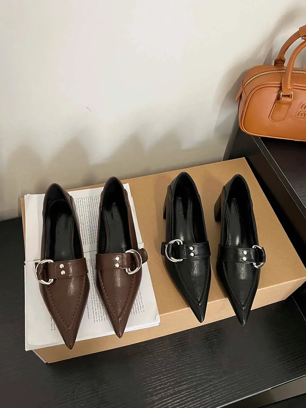 binfenxie  - Black Brown Women Pumps Loafers Pointed Toe Rivet Design Shallow Slip On 2023 Party Pumps Flat Mid Heeled Dress Shoes Woman