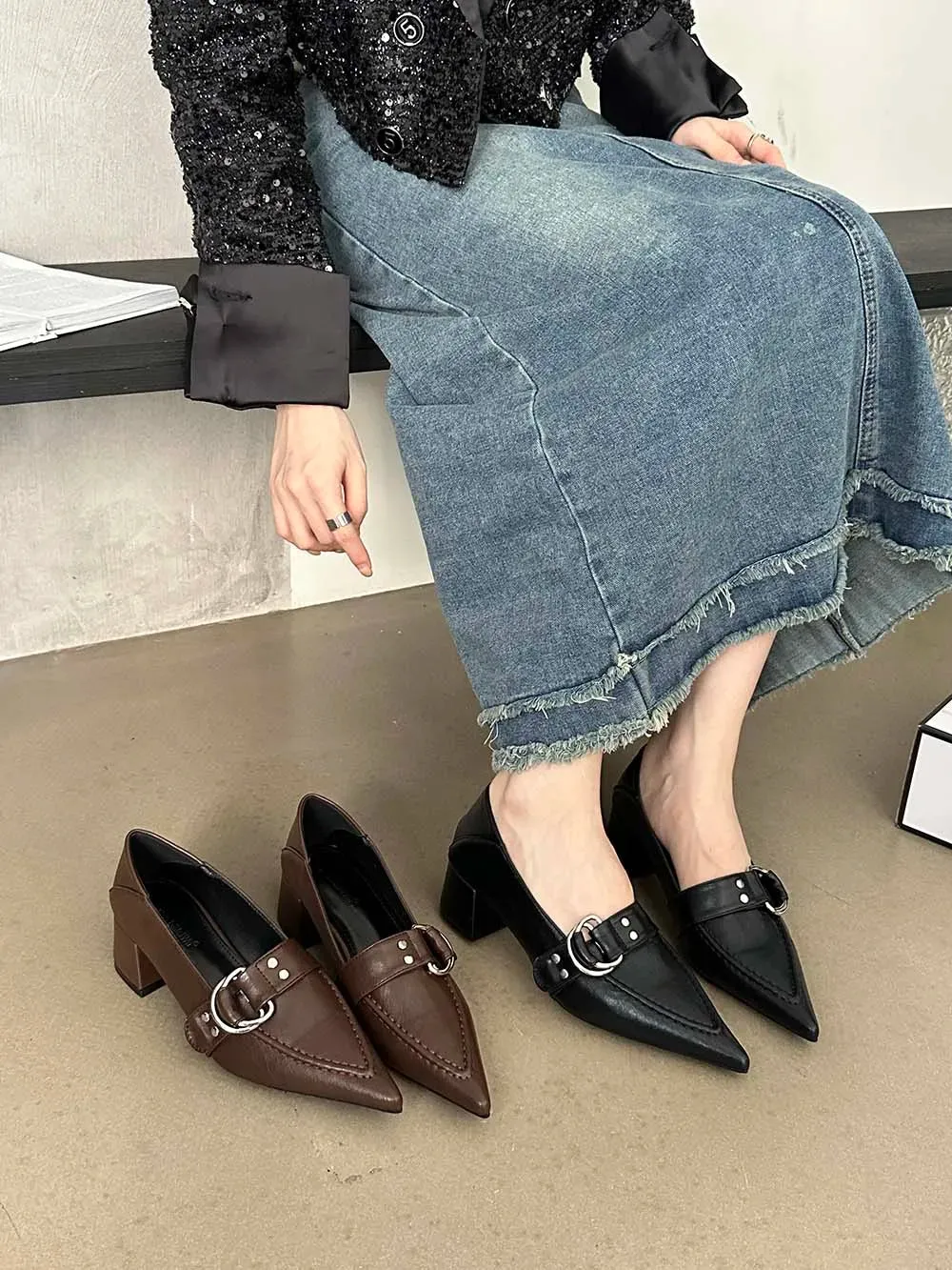 binfenxie  - Black Brown Women Pumps Loafers Pointed Toe Rivet Design Shallow Slip On 2023 Party Pumps Flat Mid Heeled Dress Shoes Woman