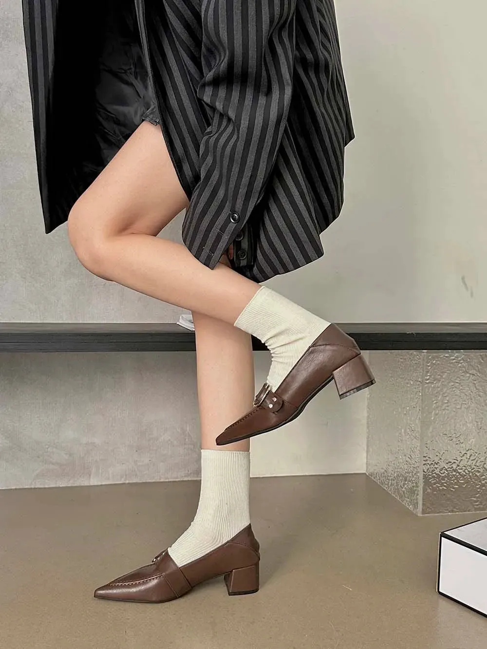 binfenxie  - Black Brown Women Pumps Loafers Pointed Toe Rivet Design Shallow Slip On 2023 Party Pumps Flat Mid Heeled Dress Shoes Woman