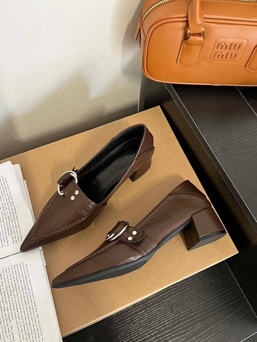 binfenxie  - Black Brown Women Pumps Loafers Pointed Toe Rivet Design Shallow Slip On 2023 Party Pumps Flat Mid Heeled Dress Shoes Woman