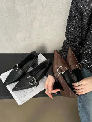 binfenxie  - Black Brown Women Pumps Loafers Pointed Toe Rivet Design Shallow Slip On 2023 Party Pumps Flat Mid Heeled Dress Shoes Woman