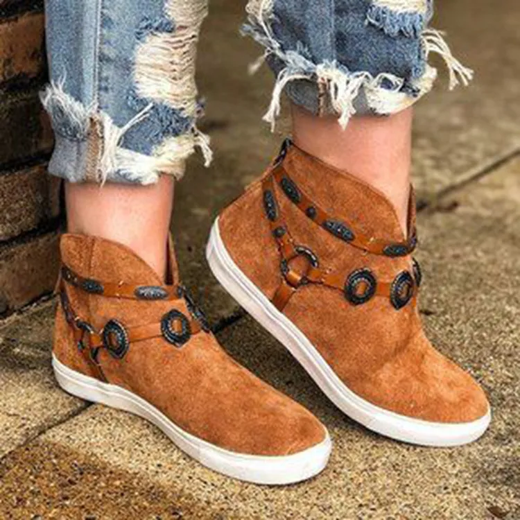 Chicvane New Women's Slip-On Round Toe Ankle Boots With Loop
