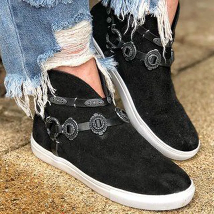 Chicvane New Women's Slip-On Round Toe Ankle Boots With Loop
