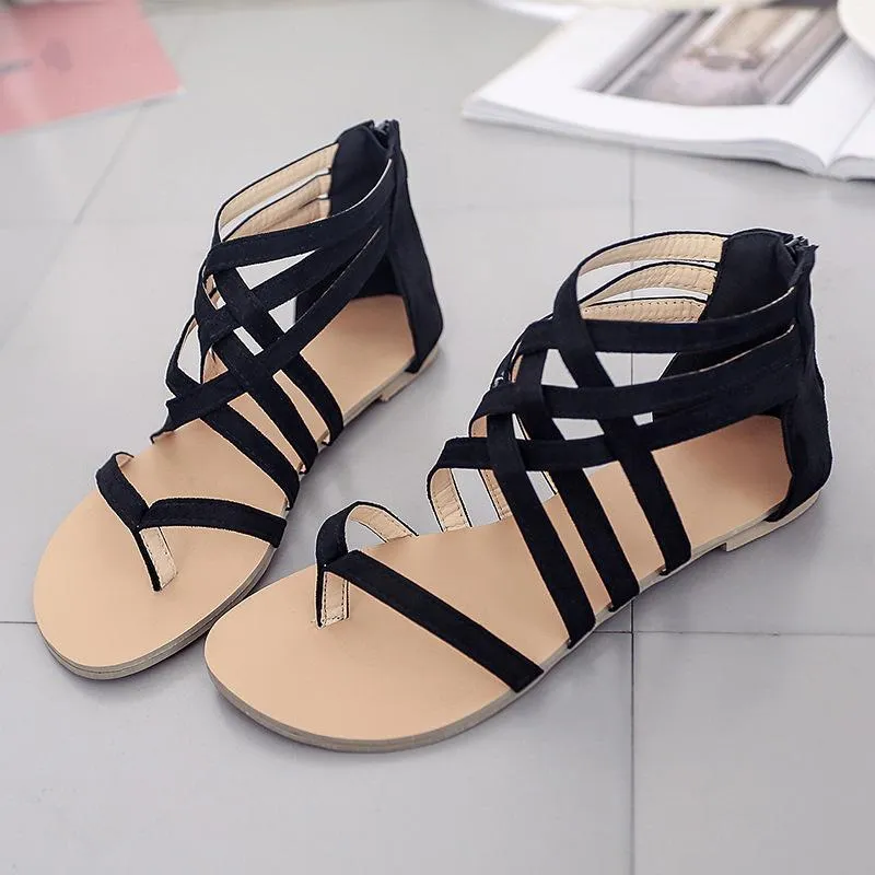 Chicvane Suede Criss Cross Straps Flip Flops Flat Sandals with Zipper