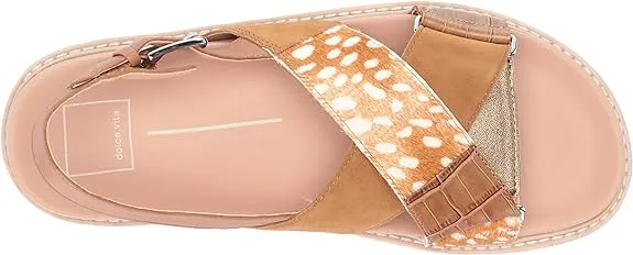 Dolce Vita Niles Caramel Multi Leather Ankle Strap Rounded Open Toe Flat Sandals