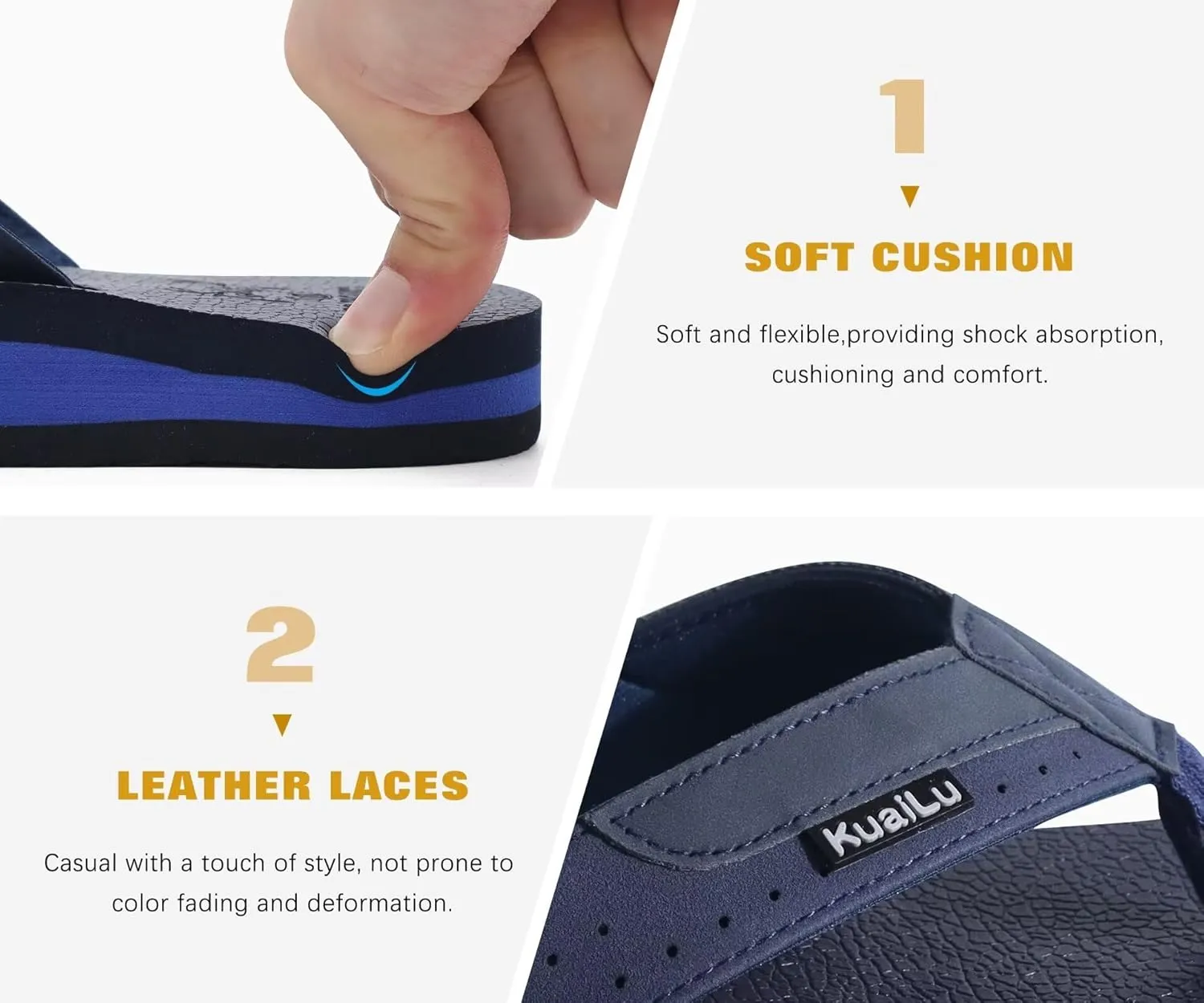 KuaiLu Men's Yoga Mat Leather Flip Flops with Arch Support Comfortable Cushion Walking Thong Sandals Slip On Indoor Outdoor