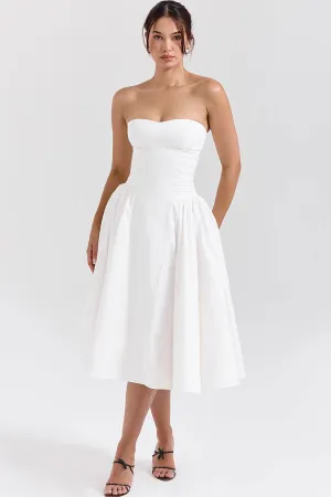 Minimalist Strapless Ruched Bustier Drop Waist Fit and Flare Cocktail Midi Dress