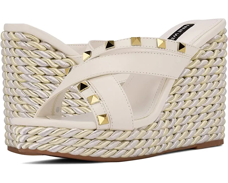 Nine West Pipa 3 White Slip On Rounded Toe Multi Strap Embellished Wedge Sandals