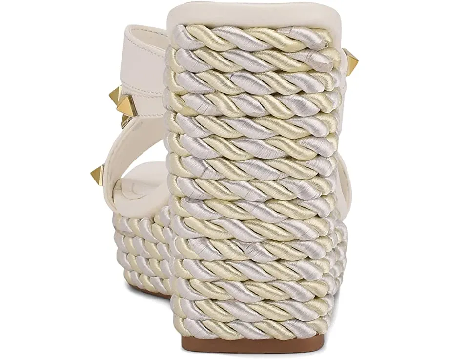 Nine West Pipa 3 White Slip On Rounded Toe Multi Strap Embellished Wedge Sandals