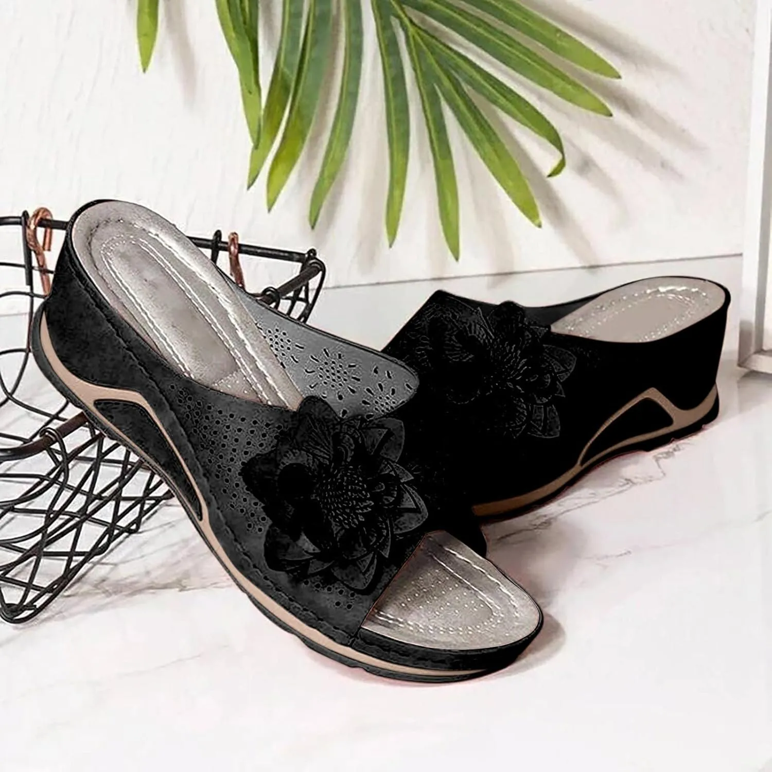 oiangi Orthopedic Sandals for Women with Arch Support,Summer Casual Flower Hollow Fish Mouth Open Toe Slip on Platform Slipper Comfy Outdoor Ladies Shoes