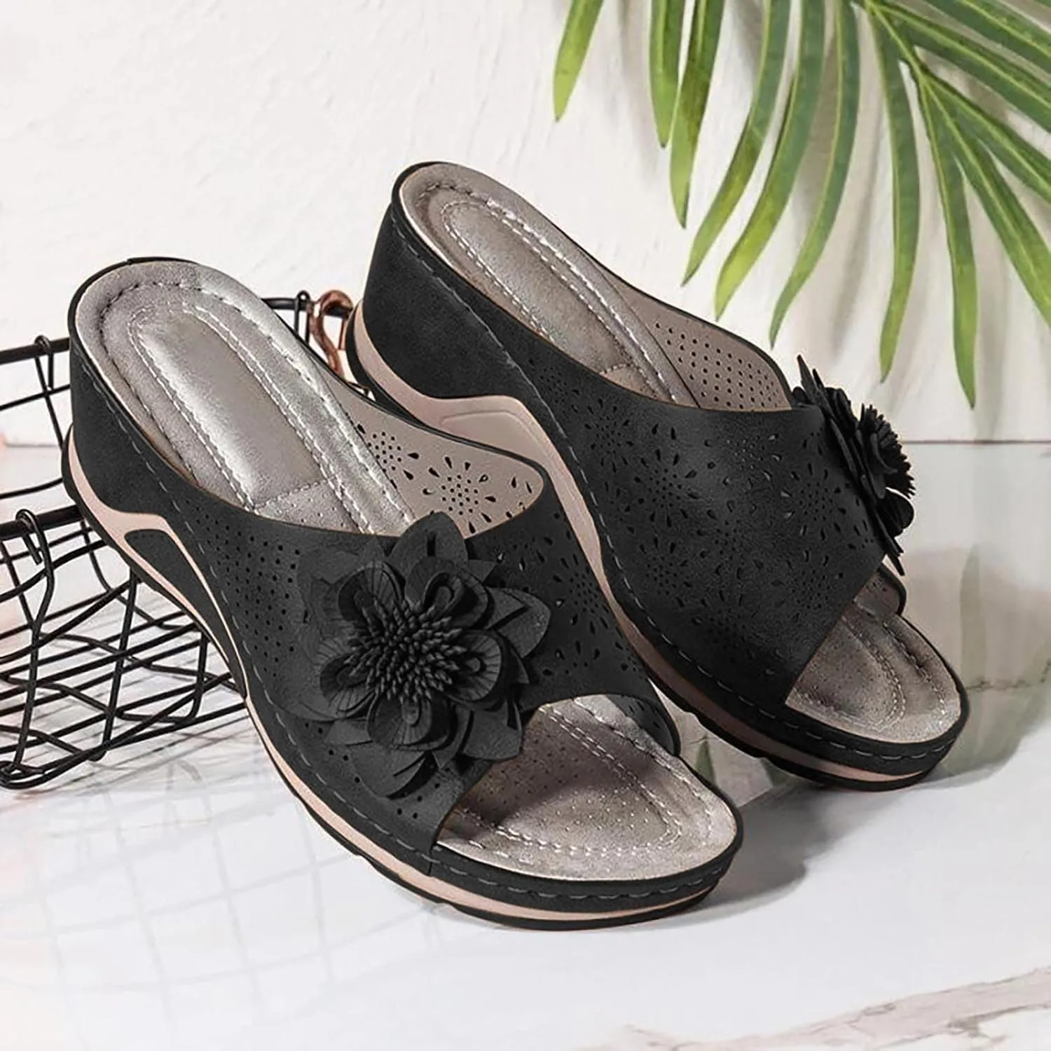 oiangi Orthopedic Sandals for Women with Arch Support,Summer Casual Flower Hollow Fish Mouth Open Toe Slip on Platform Slipper Comfy Outdoor Ladies Shoes