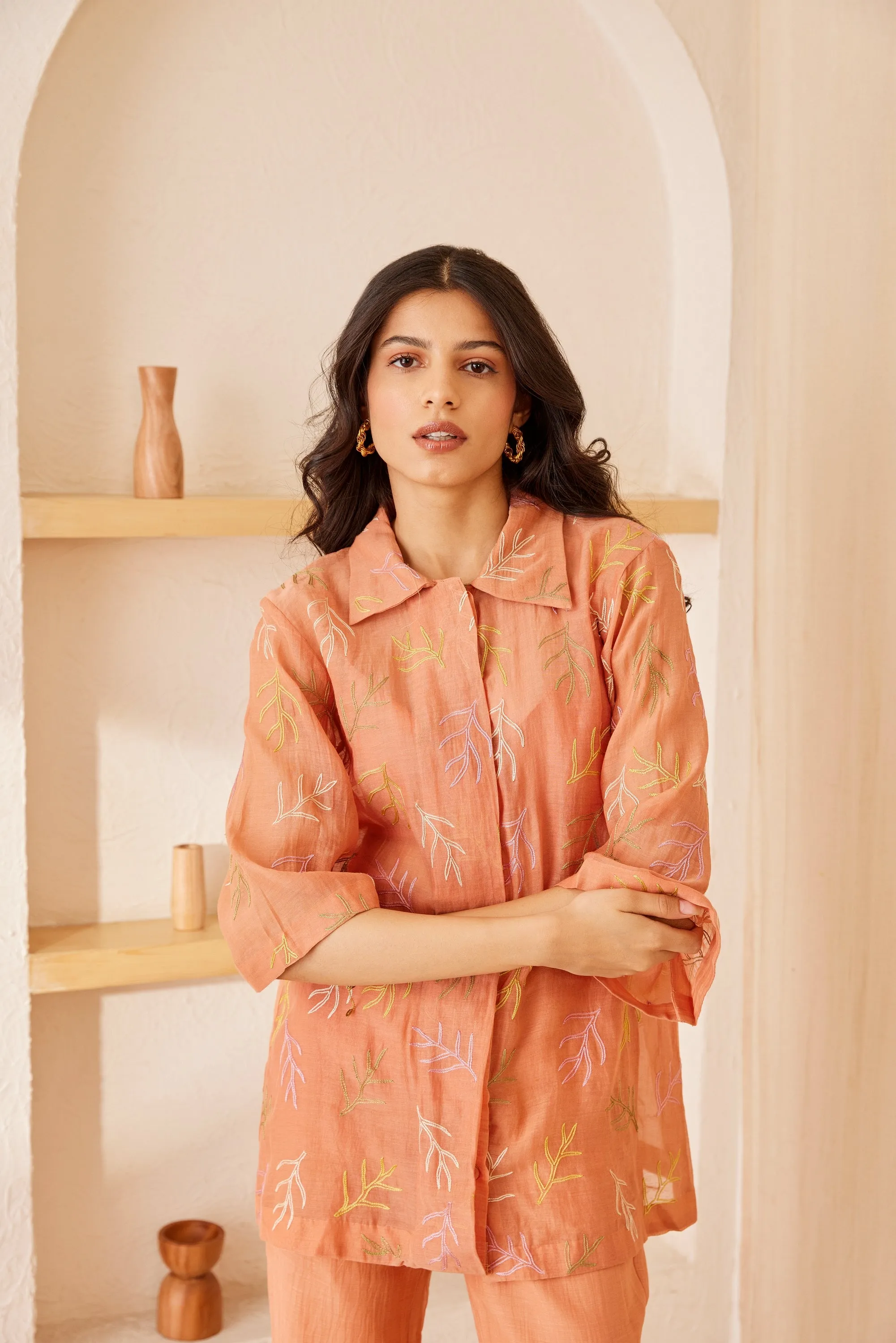 Peach chanderi silk hand embroidered shirt