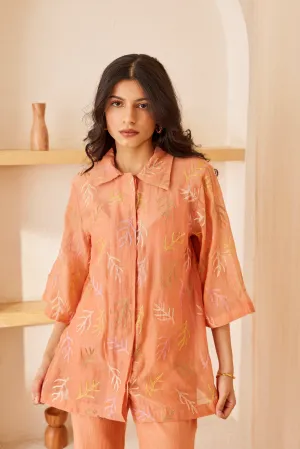 Peach chanderi silk hand embroidered shirt