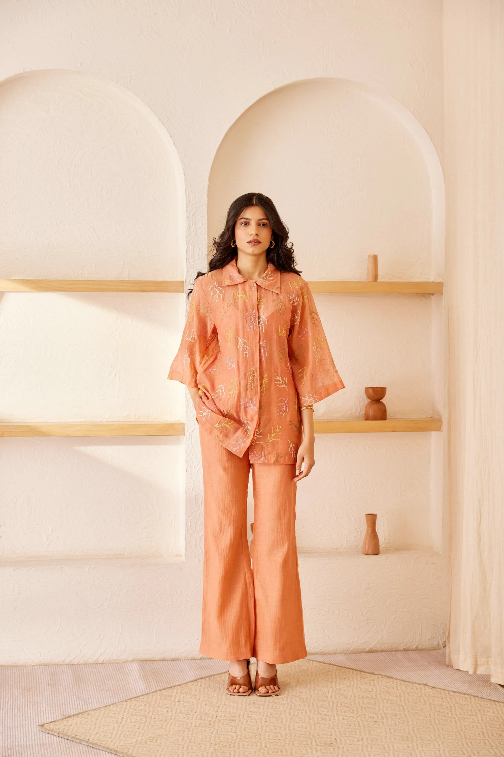 Peach chanderi silk hand embroidered shirt