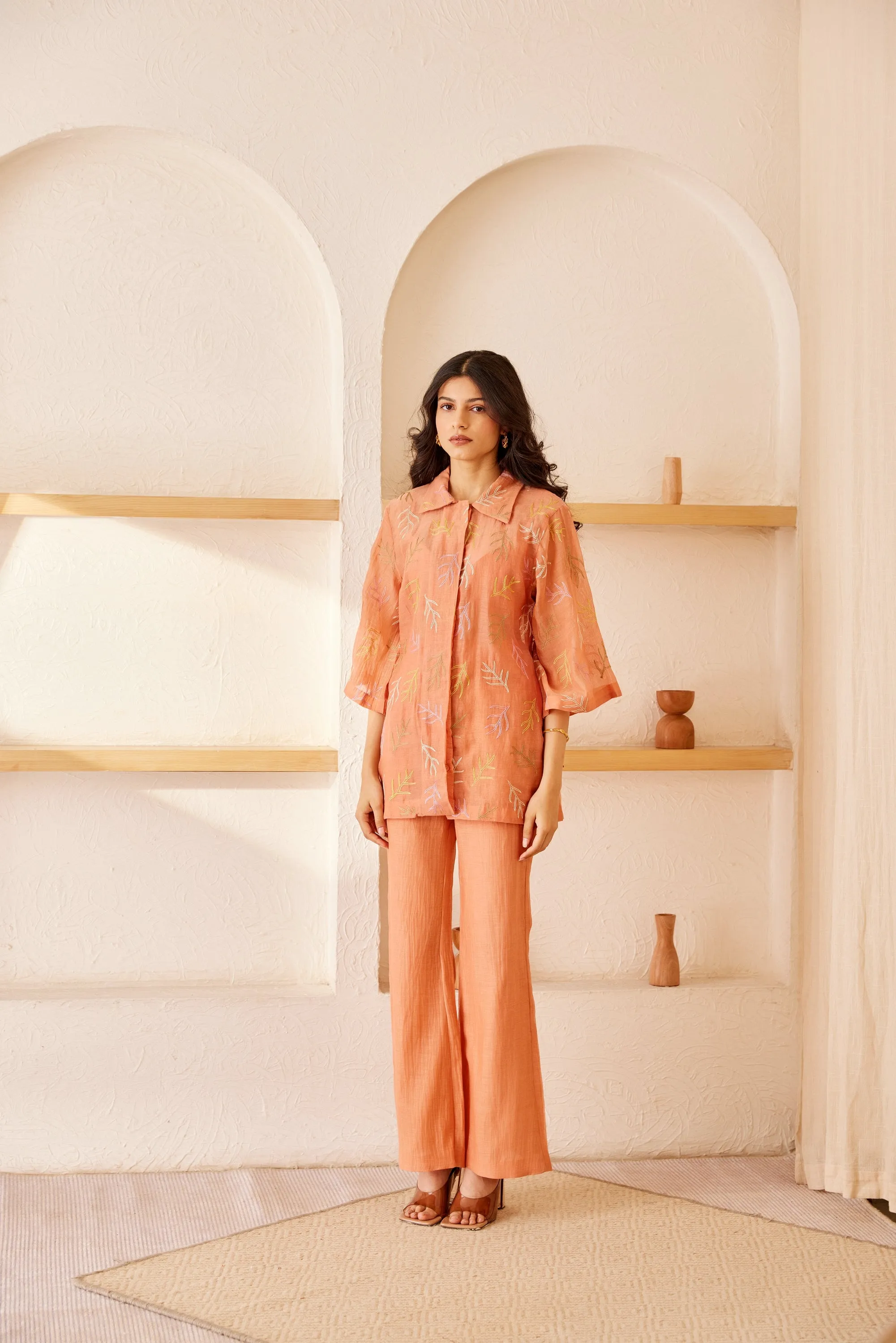 Peach chanderi silk hand embroidered shirt