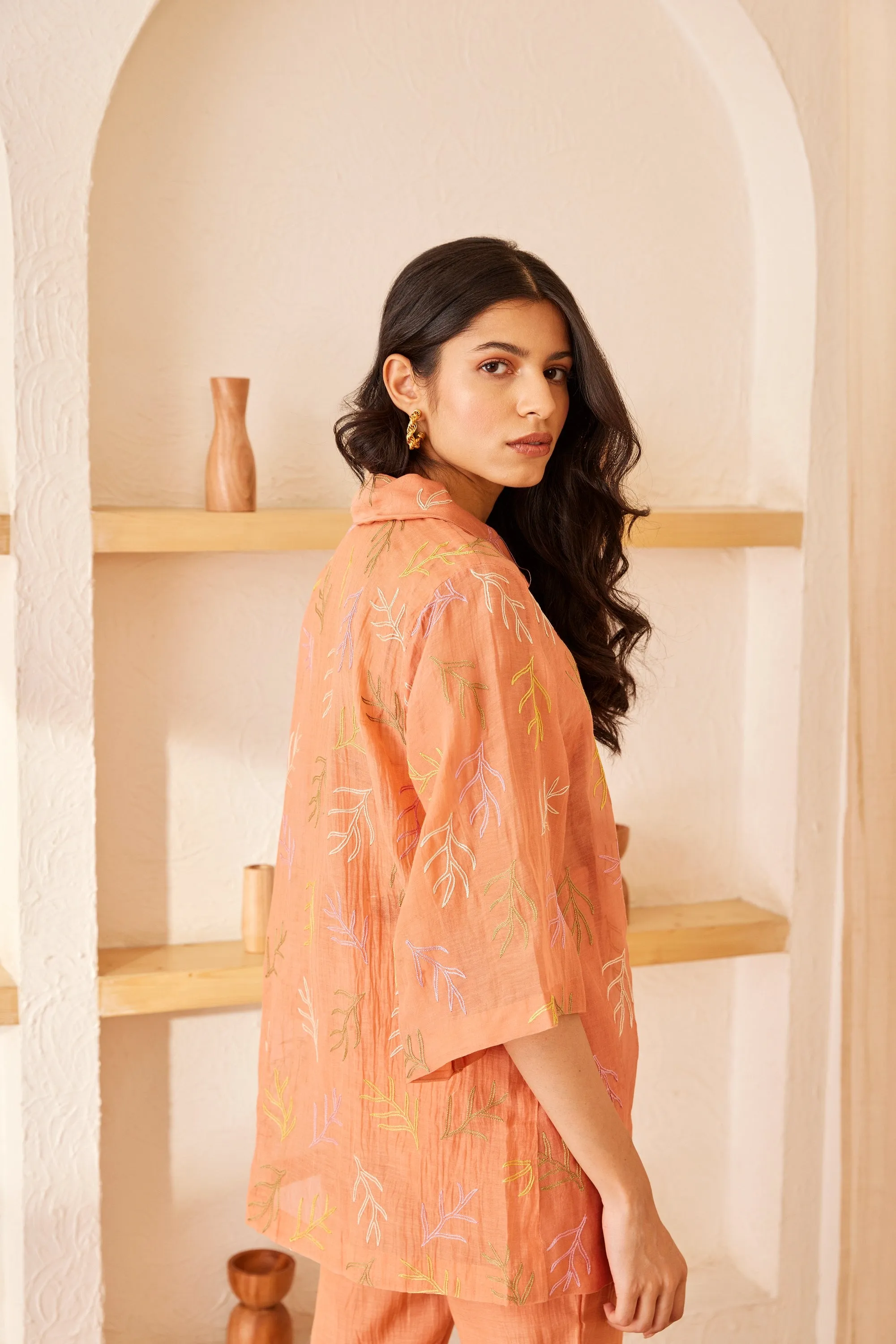 Peach chanderi silk hand embroidered shirt