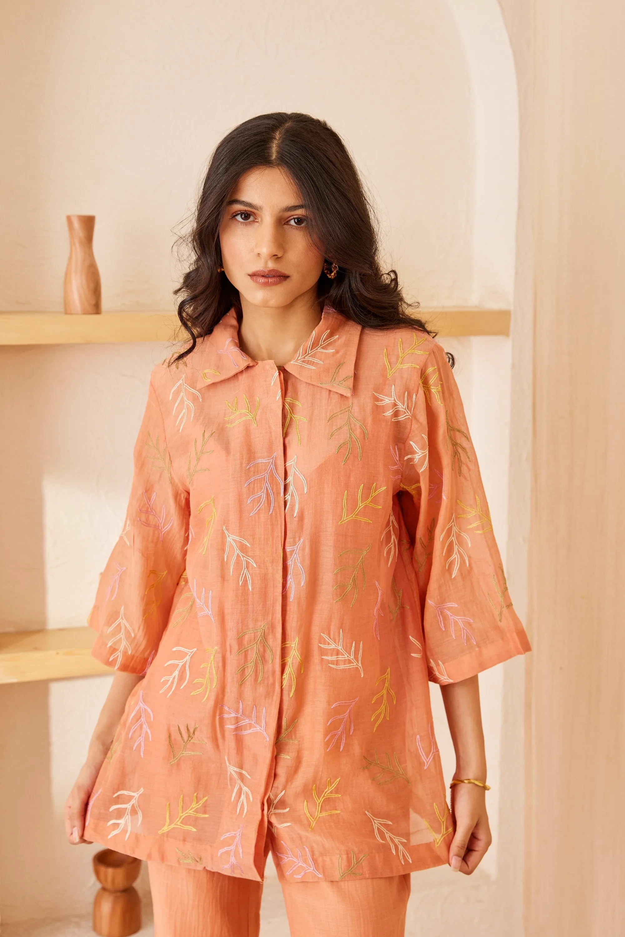 Peach chanderi silk hand embroidered shirt