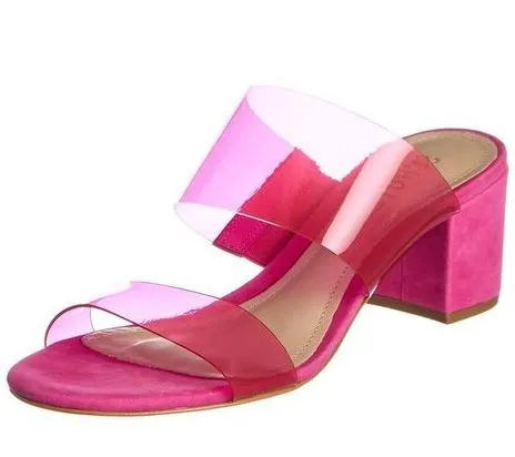 Schutz Victorie Vibrant Pink Clear Strap Slip On Open Toe Mid Block Heel Sandals