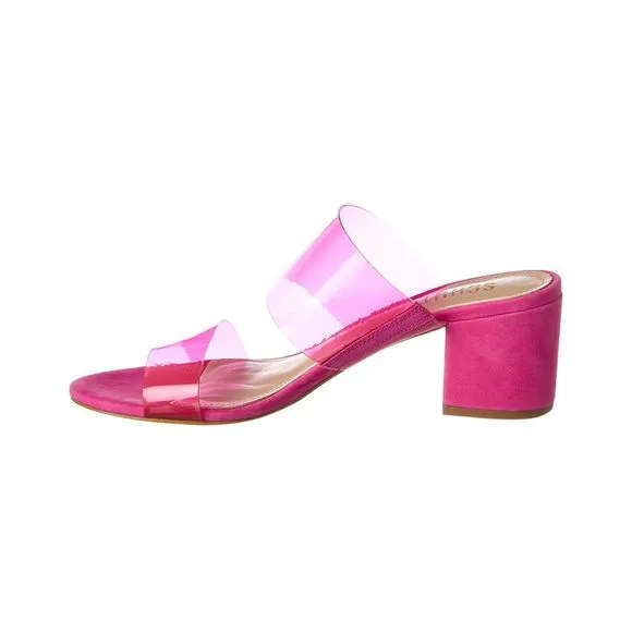 Schutz Victorie Vibrant Pink Clear Strap Slip On Open Toe Mid Block Heel Sandals