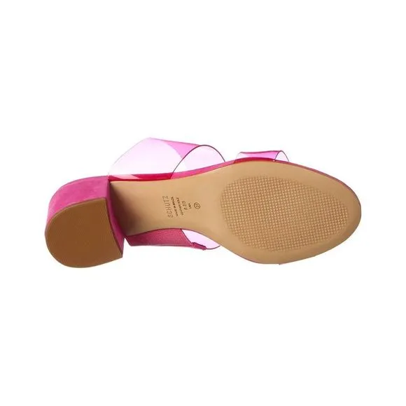 Schutz Victorie Vibrant Pink Clear Strap Slip On Open Toe Mid Block Heel Sandals