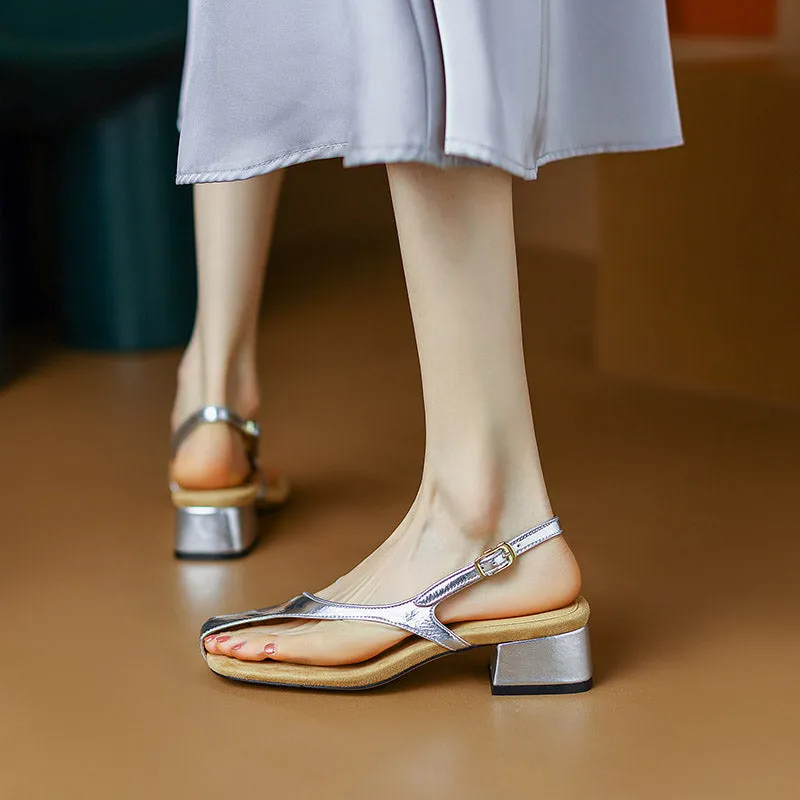 Tanned Cowhide Modern Minimalist Square Heel Sandals