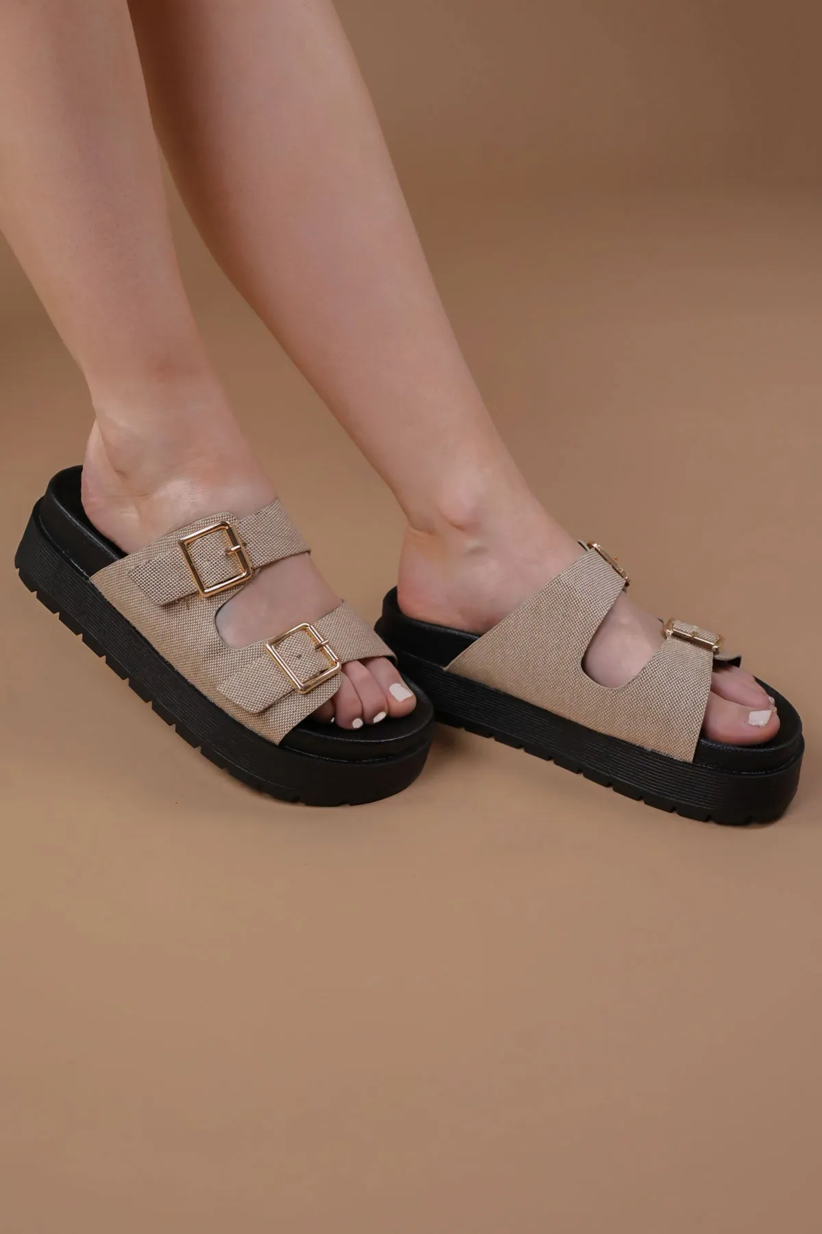 Taupe Textured Chunky Buckle Sandals