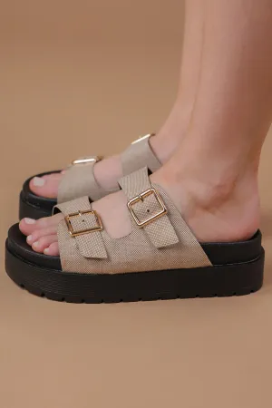 Taupe Textured Chunky Buckle Sandals