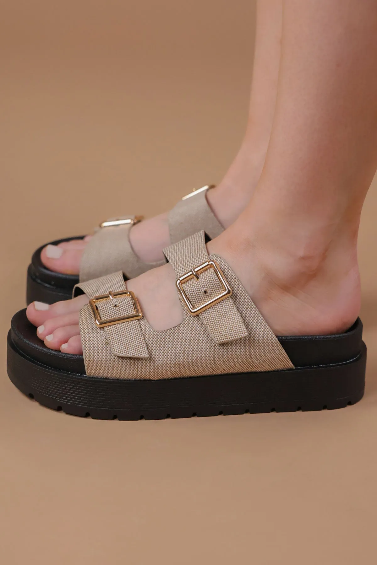 Taupe Textured Chunky Buckle Sandals