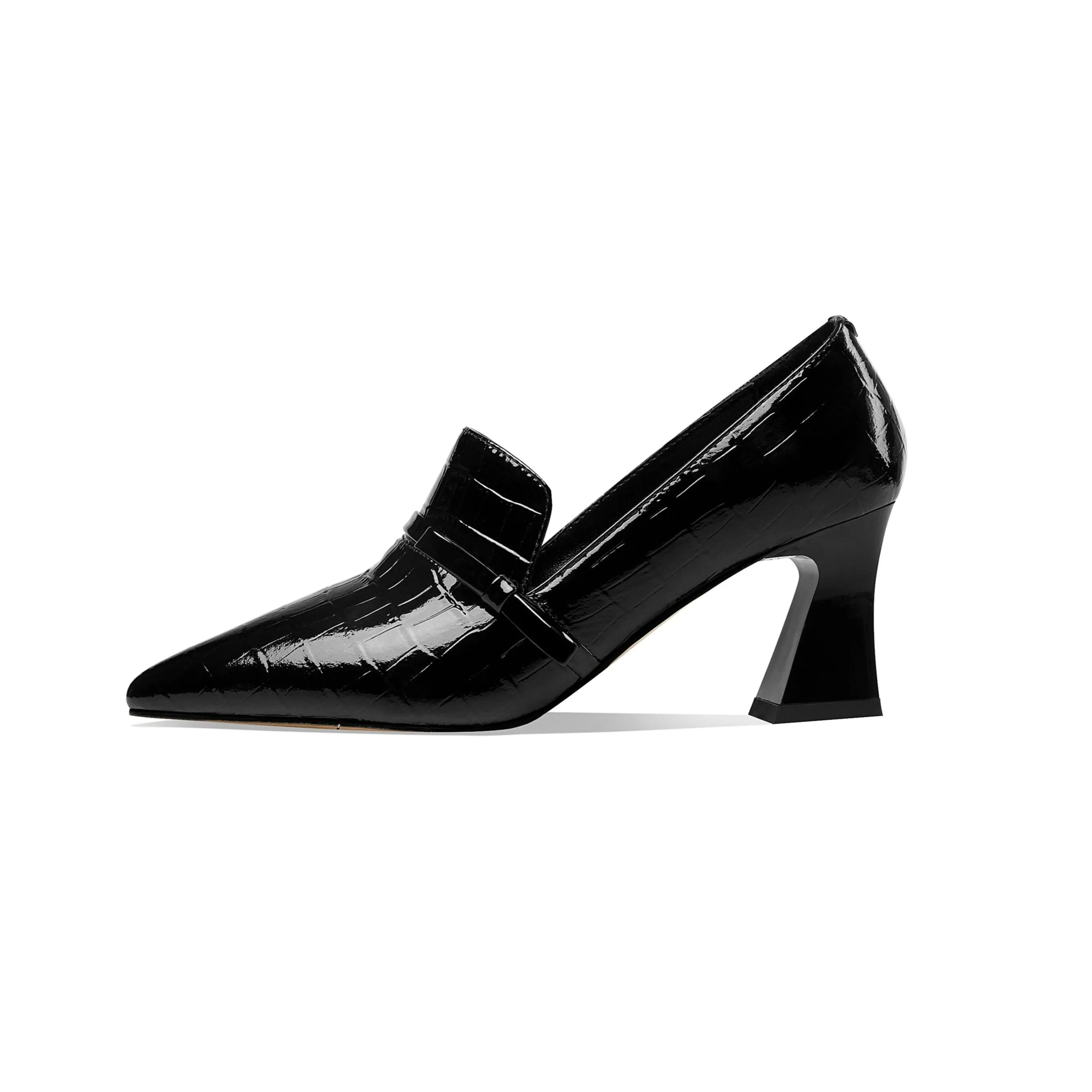 TinaCus Embossed Patent Leather Handmade Women's Mid Spool Heel Pointed Toe Slip On Modern Pump Shoes with Bowtie