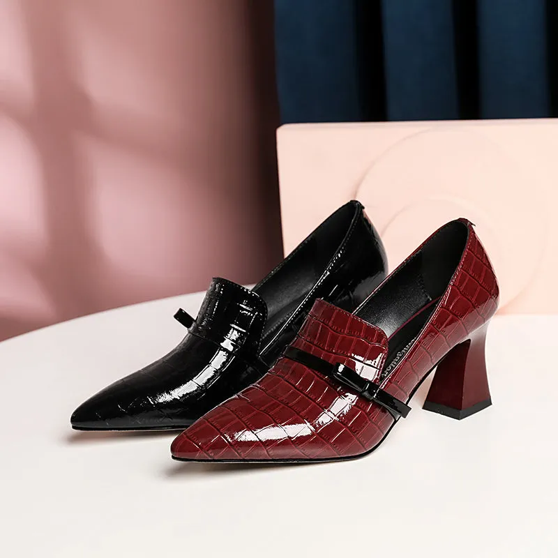 TinaCus Embossed Patent Leather Handmade Women's Mid Spool Heel Pointed Toe Slip On Modern Pump Shoes with Bowtie