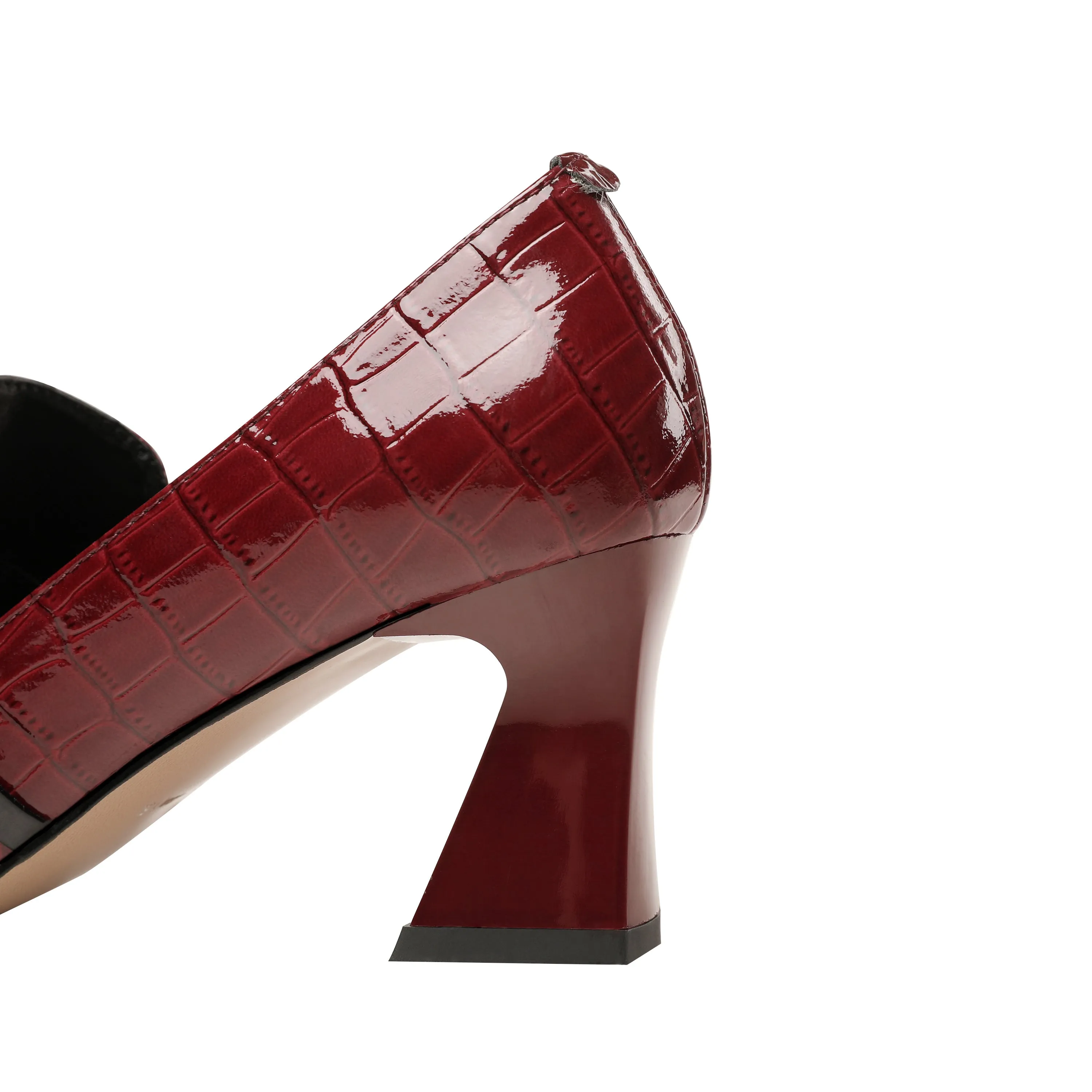 TinaCus Embossed Patent Leather Handmade Women's Mid Spool Heel Pointed Toe Slip On Modern Pump Shoes with Bowtie