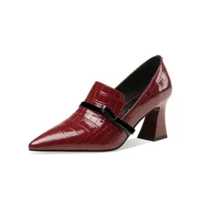 TinaCus Embossed Patent Leather Handmade Women's Mid Spool Heel Pointed Toe Slip On Modern Pump Shoes with Bowtie