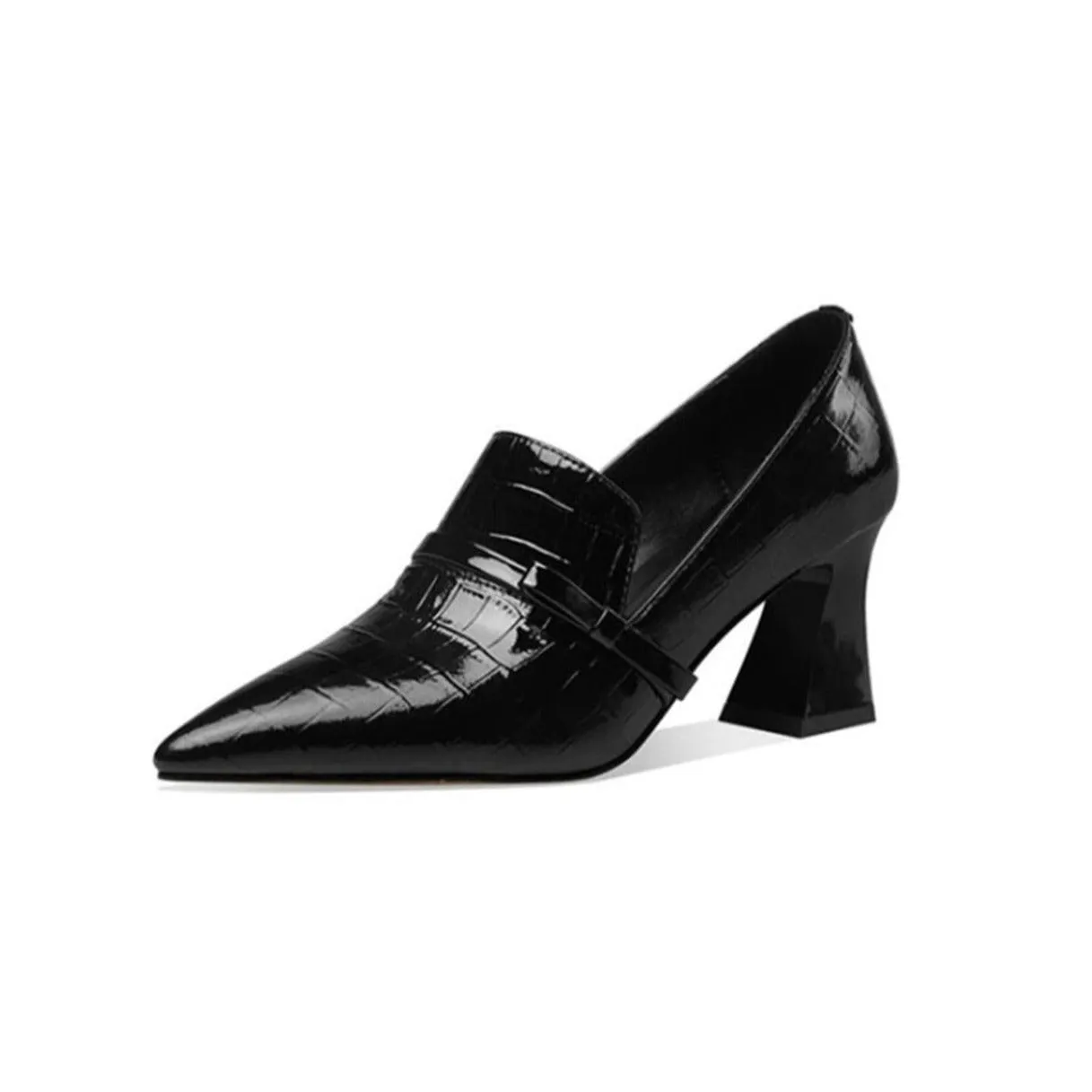 TinaCus Embossed Patent Leather Handmade Women's Mid Spool Heel Pointed Toe Slip On Modern Pump Shoes with Bowtie