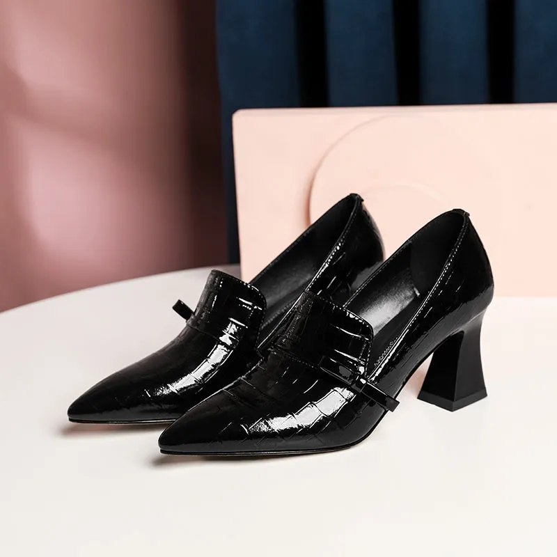 TinaCus Embossed Patent Leather Handmade Women's Mid Spool Heel Pointed Toe Slip On Modern Pump Shoes with Bowtie