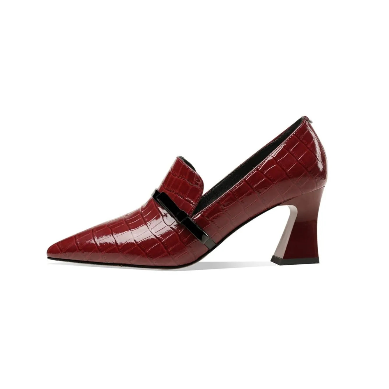 TinaCus Embossed Patent Leather Handmade Women's Mid Spool Heel Pointed Toe Slip On Modern Pump Shoes with Bowtie