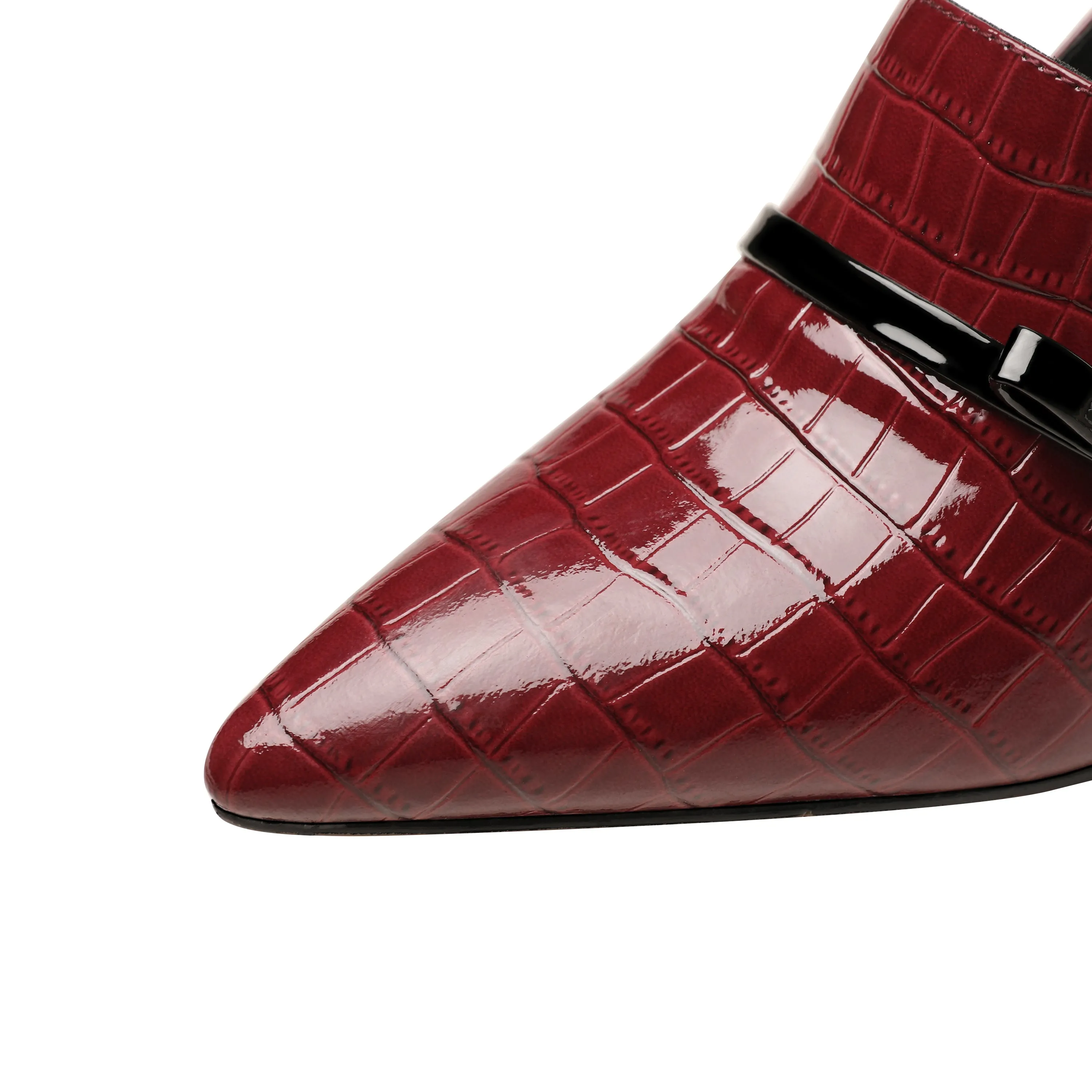 TinaCus Embossed Patent Leather Handmade Women's Mid Spool Heel Pointed Toe Slip On Modern Pump Shoes with Bowtie