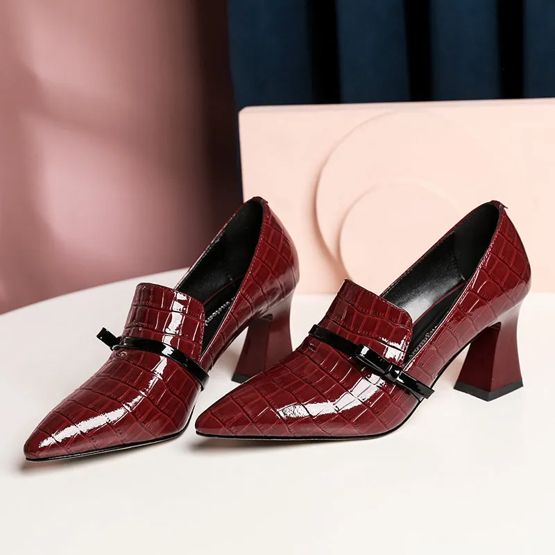 TinaCus Embossed Patent Leather Handmade Women's Mid Spool Heel Pointed Toe Slip On Modern Pump Shoes with Bowtie