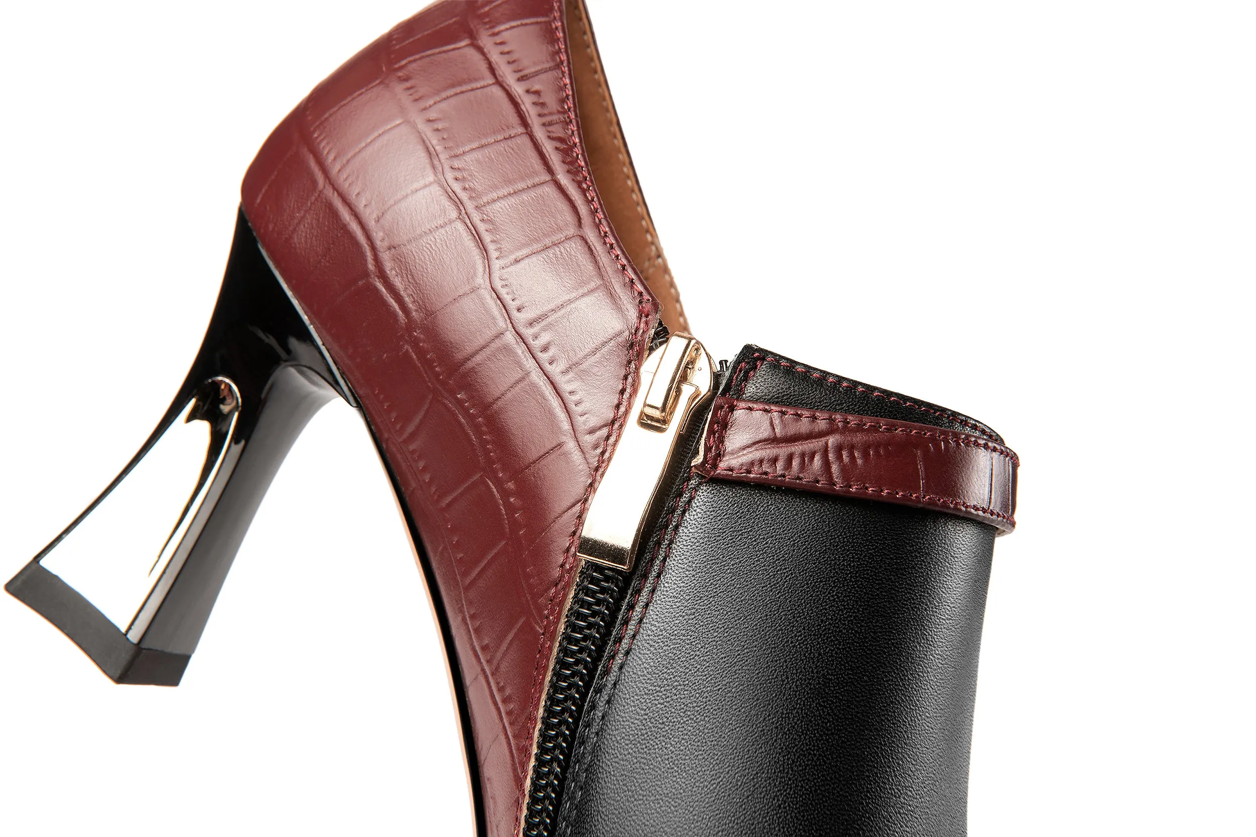 TinaCus Handmade Women's Genuine Leather Stitching Color Side Zipper Pointed Toe Mid Spool Heel Pumps Shoes