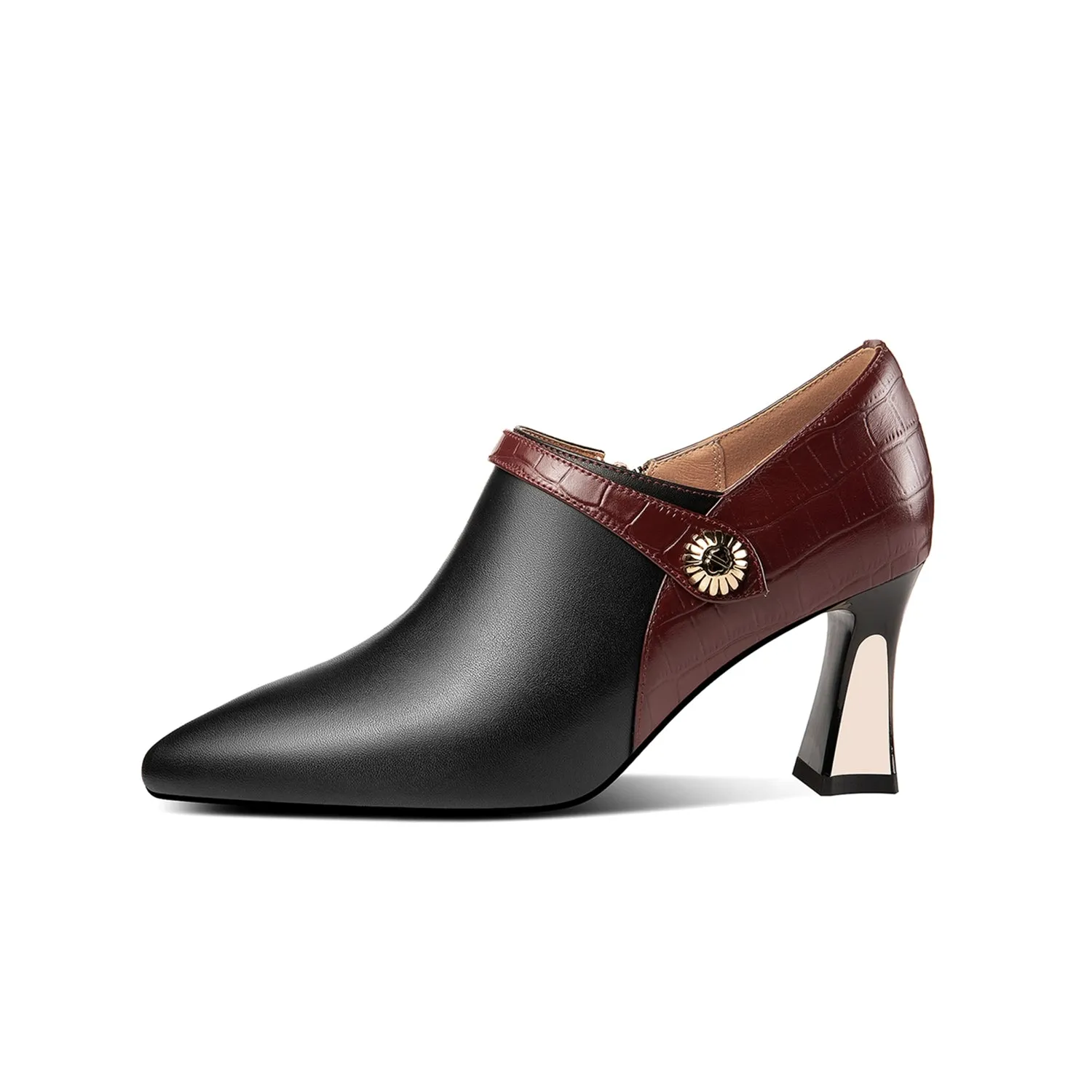 TinaCus Handmade Women's Genuine Leather Stitching Color Side Zipper Pointed Toe Mid Spool Heel Pumps Shoes