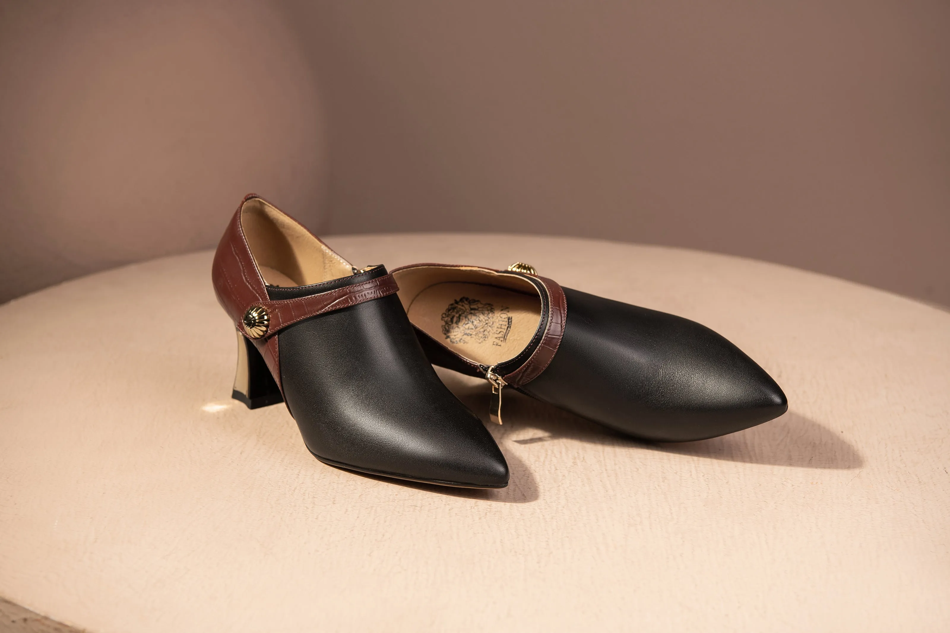 TinaCus Handmade Women's Genuine Leather Stitching Color Side Zipper Pointed Toe Mid Spool Heel Pumps Shoes