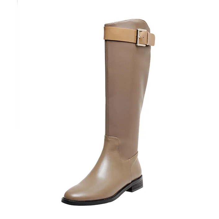 TinaCus Women's Handmade Genuine Leather Round Toe Low Block Heel Side Zip Up Patent Belt Decor Knee High Riding Boots