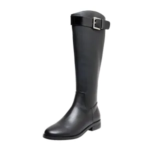 TinaCus Women's Handmade Genuine Leather Round Toe Low Block Heel Side Zip Up Patent Belt Decor Knee High Riding Boots
